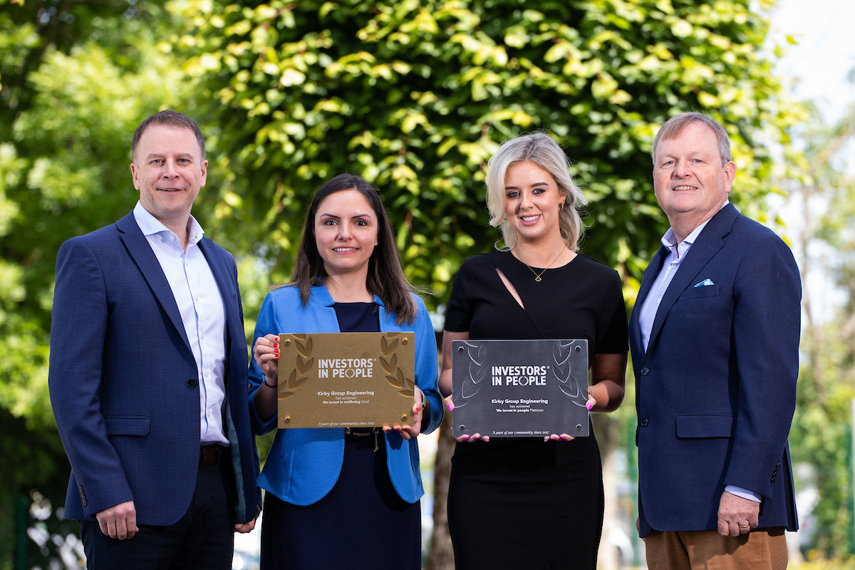 Kirby Group Engineering accept Investment In People Award.
Pictured l-r, Donal Lynch, Group Finance Director, Merve O’Donnell, Supply Chain Compliance Specialist, Michelle Powell, HR Business Partner, Fergus Barry, HR Director. Picture: Alan Place