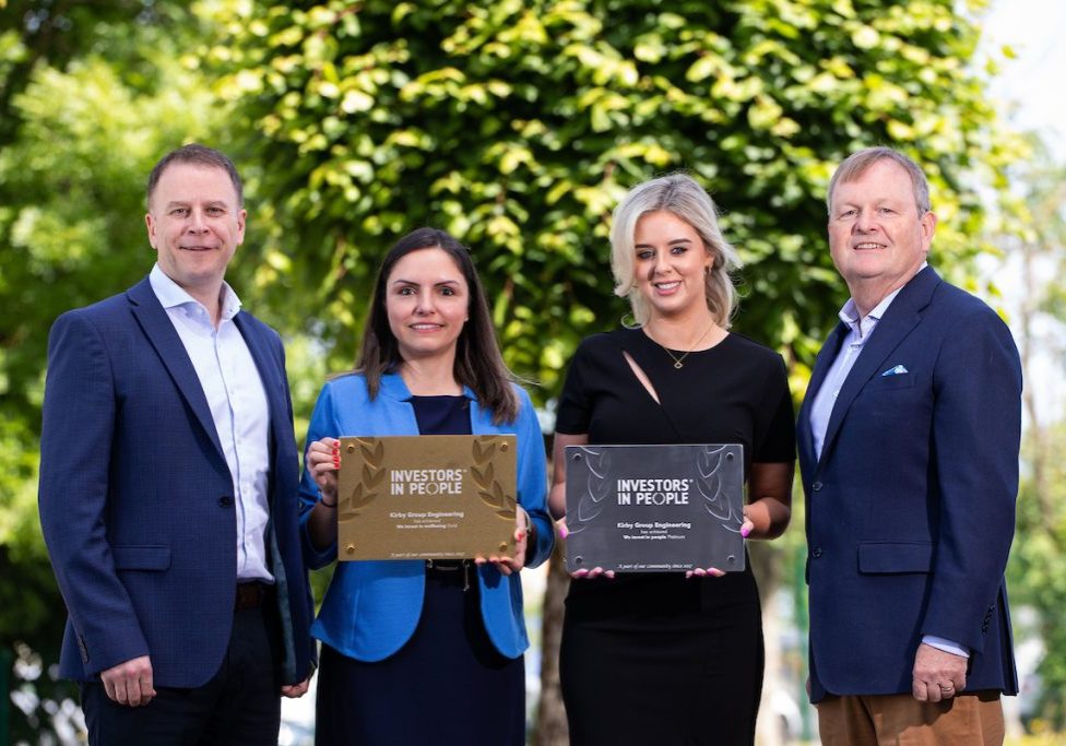 Kirby Group Engineering accept Investment In People Award.
Pictured l-r, Donal Lynch, Group Finance Director, Merve O’Donnell, Supply Chain Compliance Specialist, Michelle Powell, HR Business Partner, Fergus Barry, HR Director. Picture: Alan Place